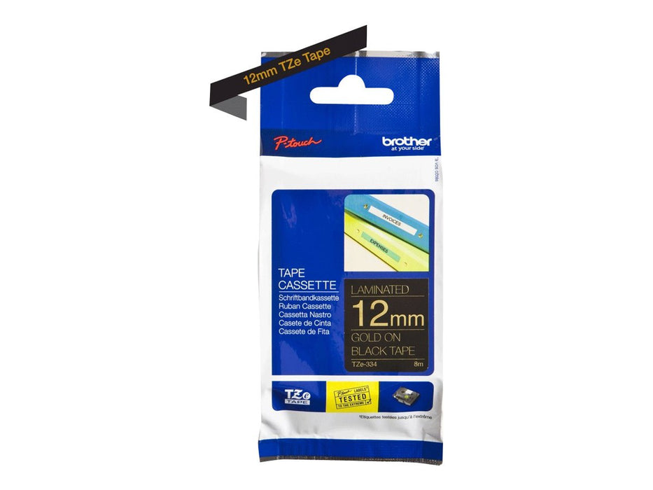 Brother TZe-334 - Standard adhesive - gold on black - Roll (1.2 cm x 8 m) 1 cassette(s) laminated tape - for Brother PT-D210, D600, H110, P-Touch PT-1005, 1880, E800, H110, P-Touch Cube Plus PT-P710 Gold on Black Gold on Black