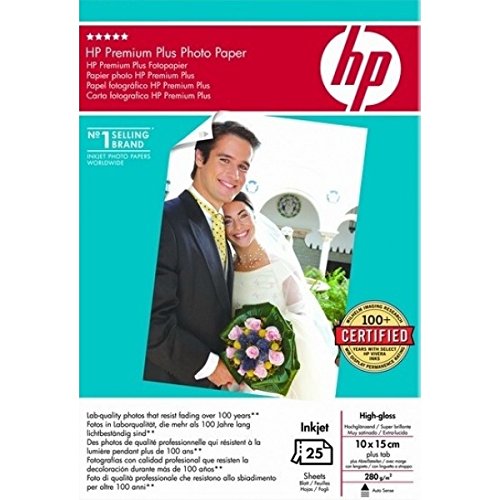HP Premium Plus High-gloss Photo Paper 280 g/m²-10 x 15 cm plus tab/25 sht 2-pack - Papel fotográfico (280 g/m², Muy satinado, De 20 a 80 HR, de 15 a 30 °C, De 0 a 40 °C, De 10 a 80 RH