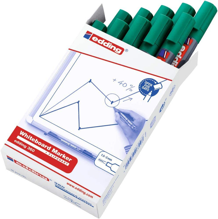 edding 360 whiteboard marker - green - 10 whiteboard pens - round tip 1.5-3 mm - whiteboard pen dry wipe - for whiteboards, flipcharts, pinboards, magnetic and memo boards - sketchnotes - refillable 04: 10 Pens - Green