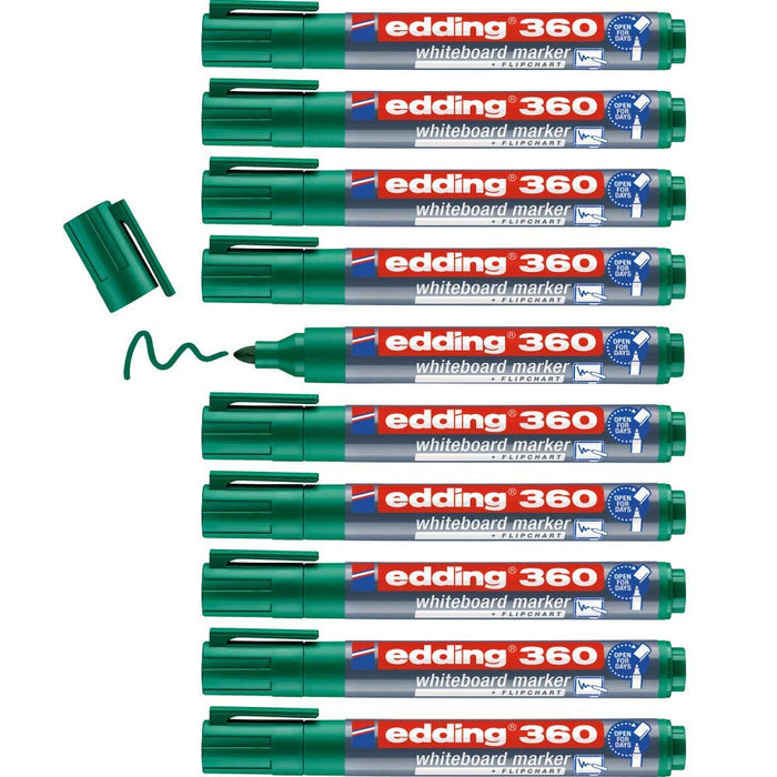 edding 360 whiteboard marker - green - 10 whiteboard pens - round tip 1.5-3 mm - whiteboard pen dry wipe - for whiteboards, flipcharts, pinboards, magnetic and memo boards - sketchnotes - refillable 04: 10 Pens - Green