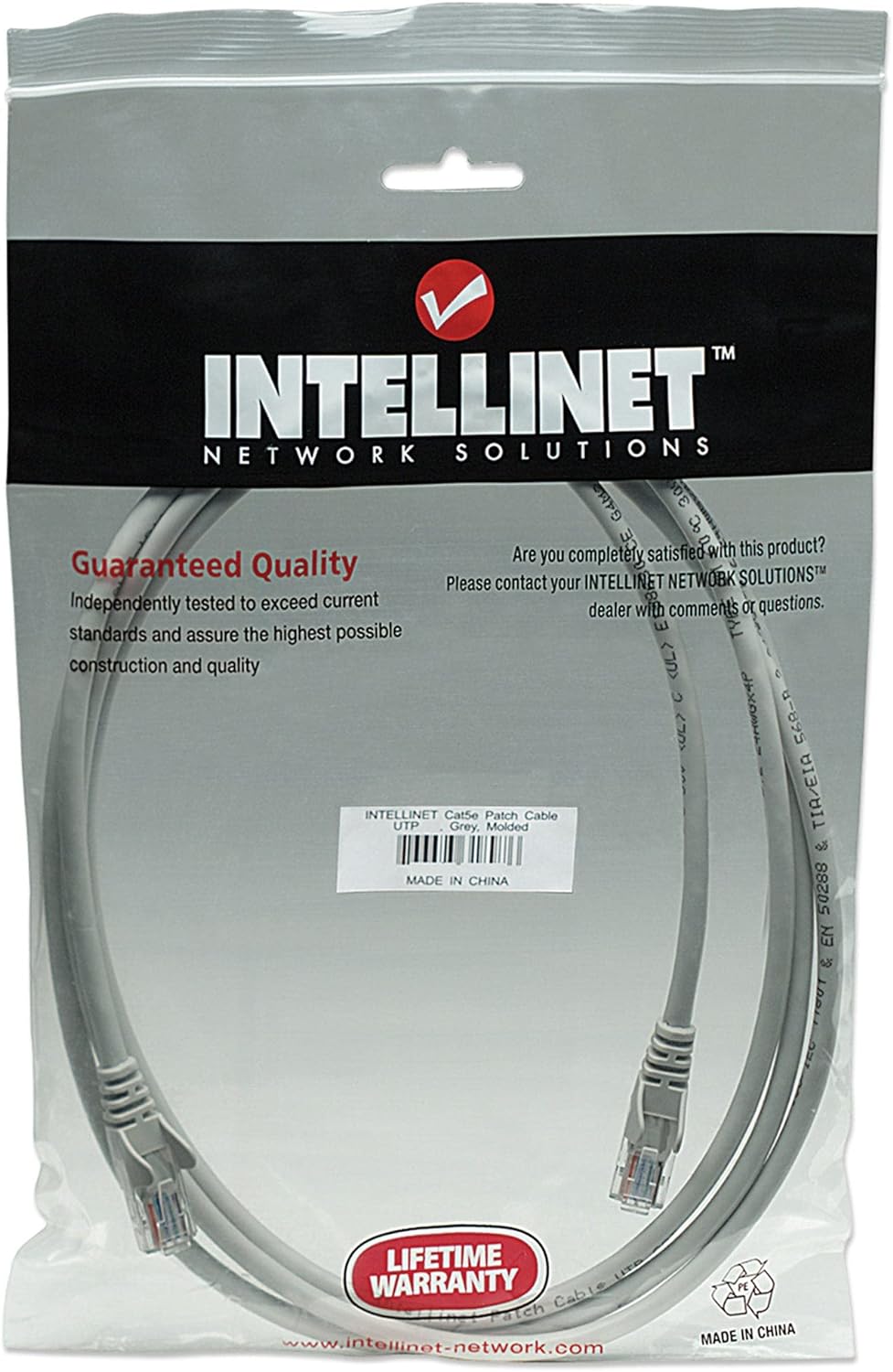 Intellinet Network Patch Cable, Cat5e, 5m, Grey, CCA, U/UTP, PVC, RJ45, Gold Plated Contacts, Snagless, Booted, Polybag 5 m Cat5e, U/UTP, CCA Grey