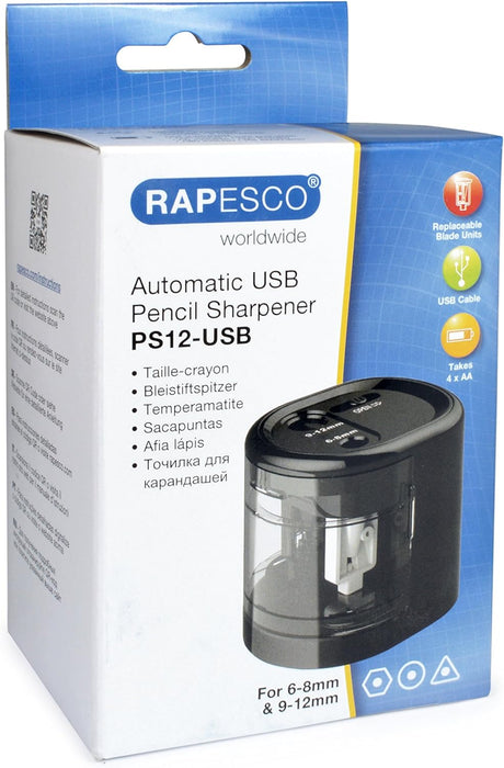 Rapesco 1449 Automatic Electric USB/Battery Pencil Sharpener, Black