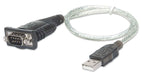 Manhattan USB-A to Serial Converter cable, 45cm, Male to Male, Serial/RS232/COM/DB9, Prolific PL-2303RA Chip, Black/Silver cable, Blister