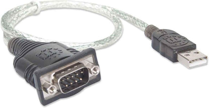 Manhattan USB-A to Serial Converter cable, 45cm, Male to Male, Serial/RS232/COM/DB9, Prolific PL-2303RA Chip, Black/Silver cable, Blister