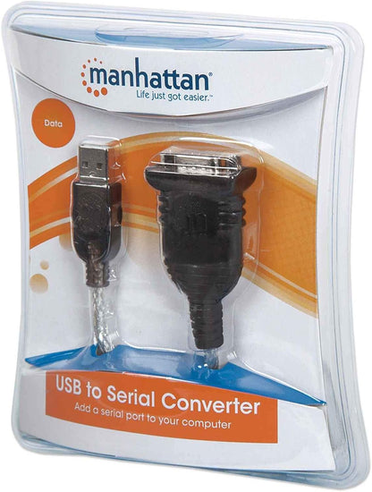 Manhattan USB-A to Serial Converter cable, 45cm, Male to Male, Serial/RS232/COM/DB9, Prolific PL-2303RA Chip, Black/Silver cable, Blister