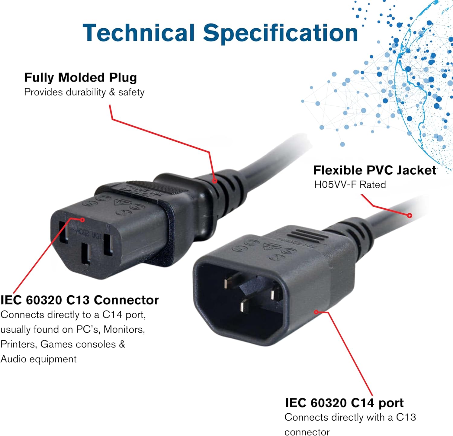 C2G 2 Metre 18 AWG Computer Extension Cord (IEC320C13 to IEC320C14) 6 Foot Kettle Lead/Power Cable, Black (Pack of 2