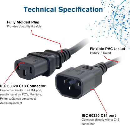 C2G 2 Metre 18 AWG Computer Extension Cord (IEC320C13 to IEC320C14) 6 Foot Kettle Lead/Power Cable, Black (Pack of 2