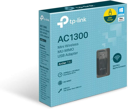 TP-Link 1300 Mbps High Gain Wireless Dual Band USB Adapter, 3dBi Dual Omni Directional Antenna, Supports Windows 11/8.1/8/7/XP, Mac OS, Linux (Archer T3U