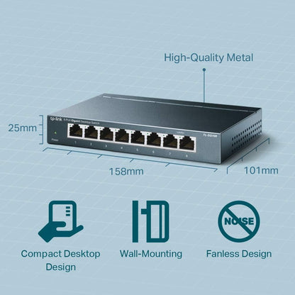 TP-Link TL-SG108S, 8 Port Gigabit Ethernet Network Switch, Ethernet Splitter, Hub, Desktop and Wall-Mounting, Sturdy Metal, Fanless, Plug and Play, Energy-Saving 8-port Gigabit|Metal case