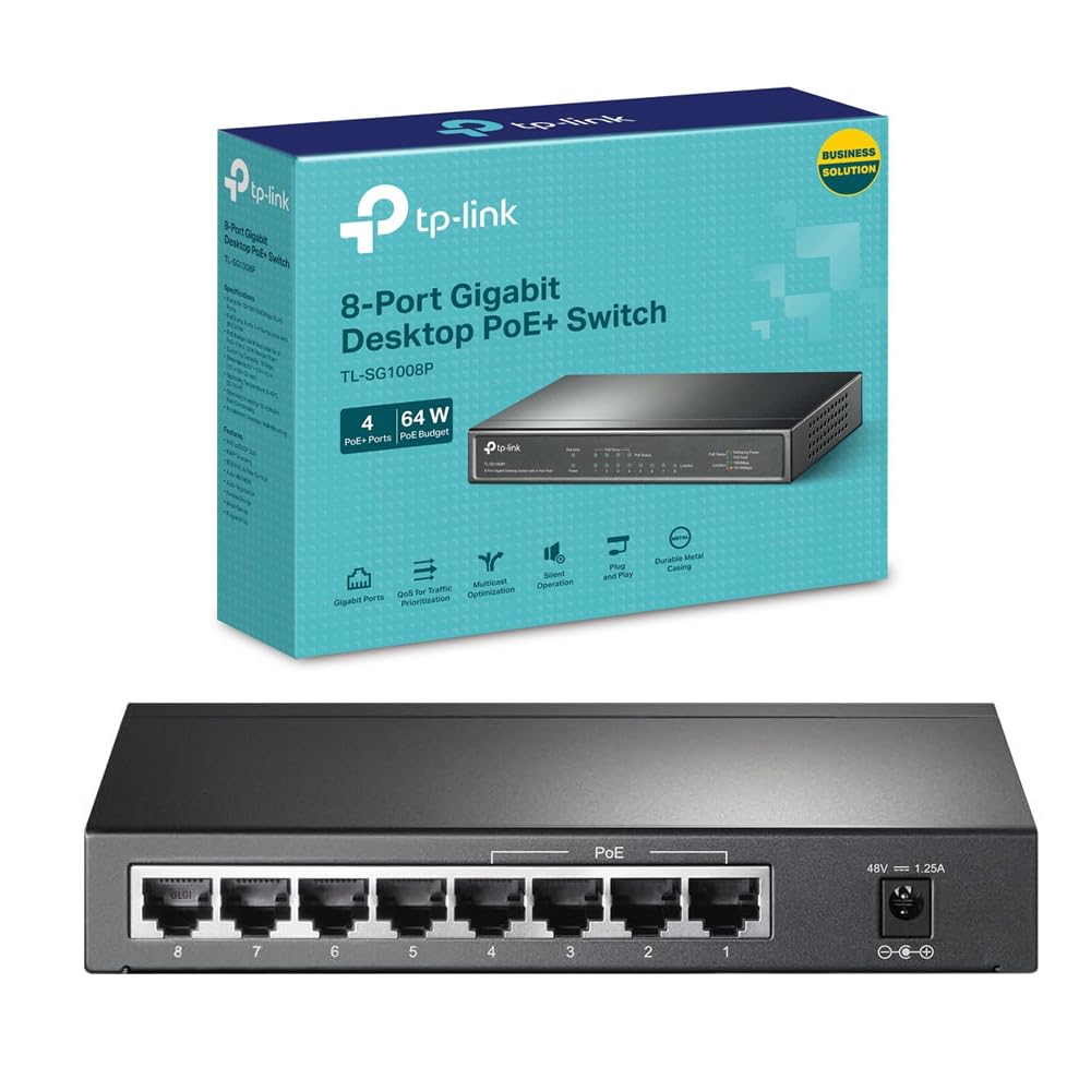 TP-Link PoE Switch 8-Port Gigabit, 4 PoE+ Ports up to 30 W For Each PoE Port and 64 W For All PoE Ports, Metal Casing, Plug and Play, Ideal for IP Surveillance and Access Point(TL-SG1008P