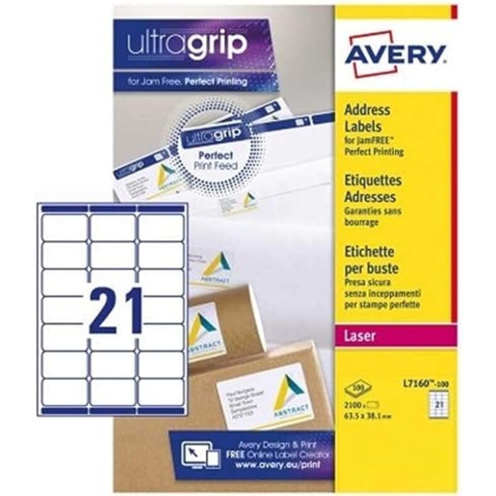 Avery Self Adhesive Address Mailing Labels (Amazon FBA Barcode Labels), Laser printers, 21 Labels Per A4 Sheet, 2100 labels, UltraGrip (L7160), White