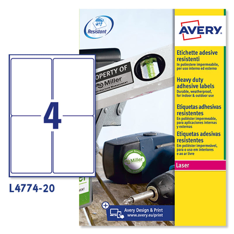 Avery L4774-20 Extra-Strong Adhesive Heavy Duty Weatherproof Labels, 4 Labels Per A4 Sheet