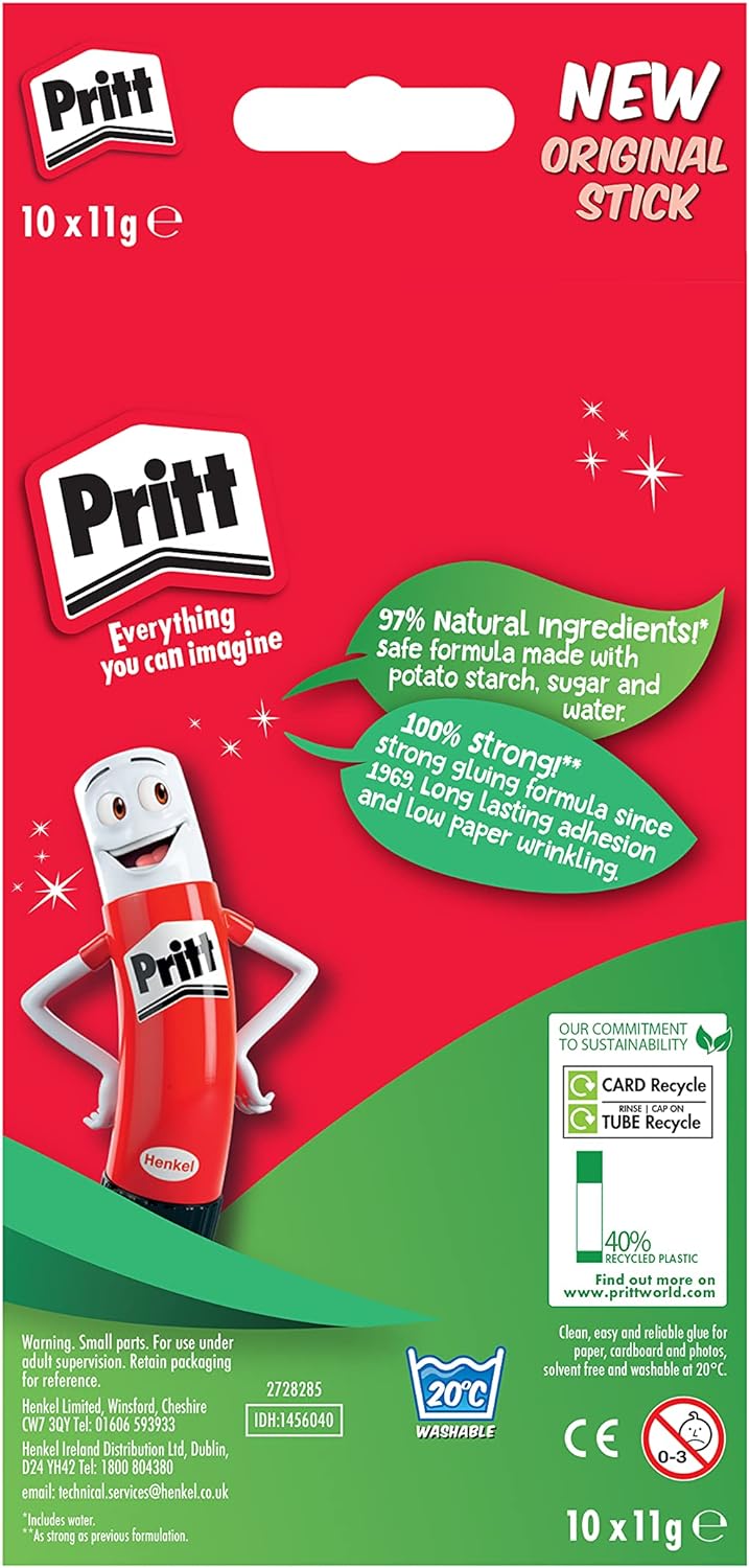 Pritt Glue Stick, Safe & Child-Friendly Craft Glue for Arts & Crafts Activities, Strong-Hold adhesive for School & Office Supplies, 10x11g Pritt Stick,White