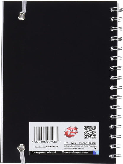 Pukka Pads Poly Jotta - Cuaderno de espiral doble (3 unidades, A5, 160 hojas microperforadas, 80 g/m², raya de 8 mm, con cierre elástico, tapa de polipropileno