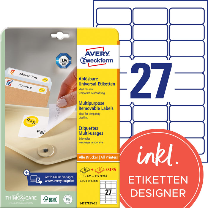 Avery L4737REV-25 Self-Adhesive Removable Labels, 27 Labels Per A4 Sheet, White, 635x296 mm 635x296 mm Single