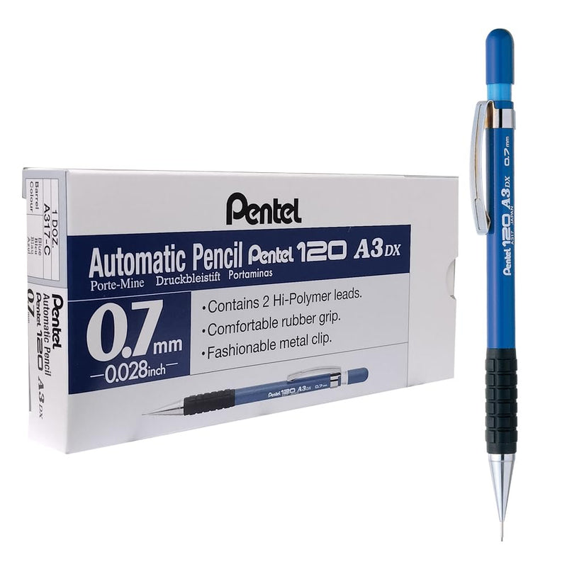 Pentel A300 Automatic Pencil with Rubber Grip and 2 x HB 0.7mm Lead Blue Barrel Ref A317-C