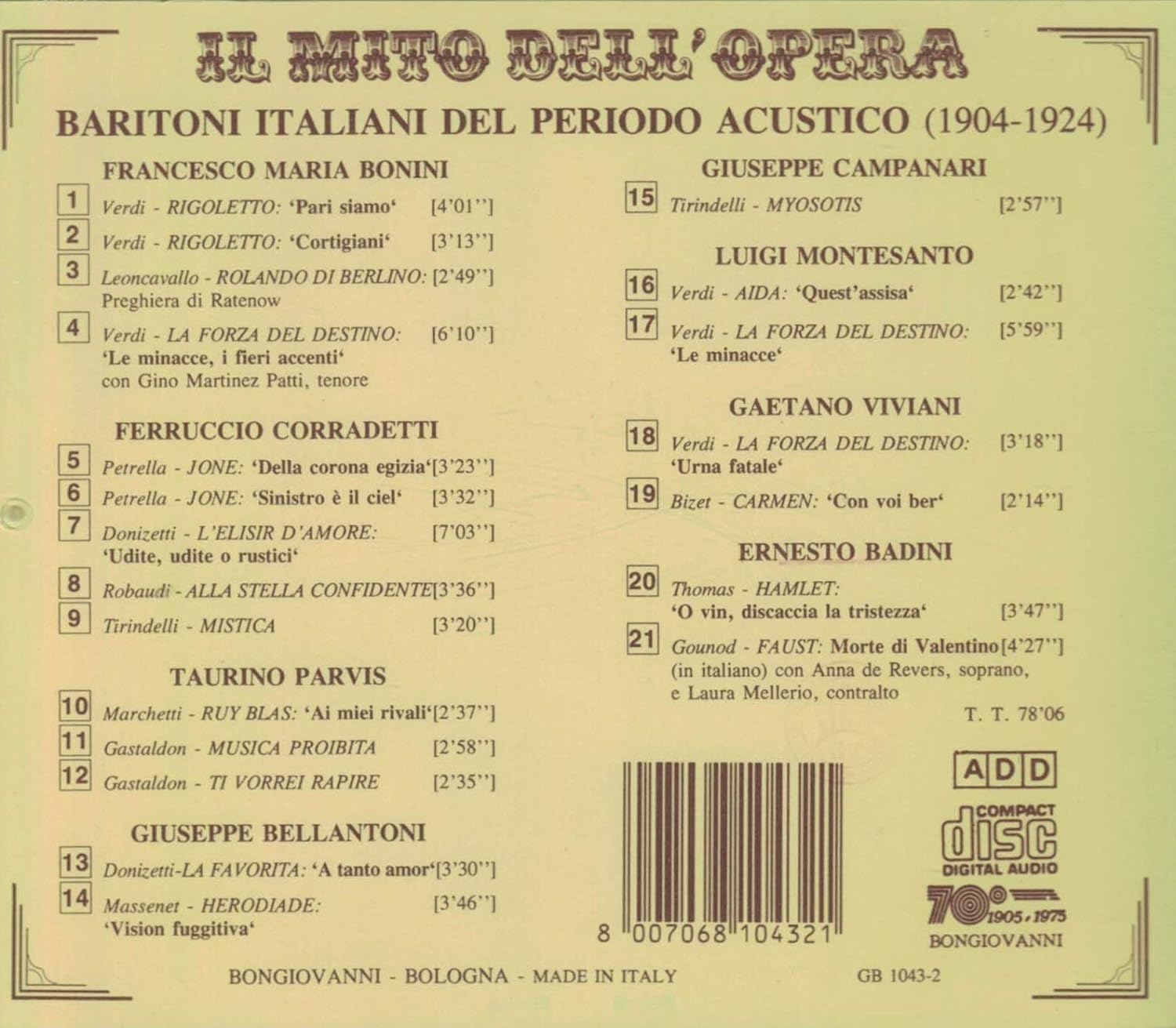 Il Mito Dell'opera: Baritoni Italiani Del Periodo