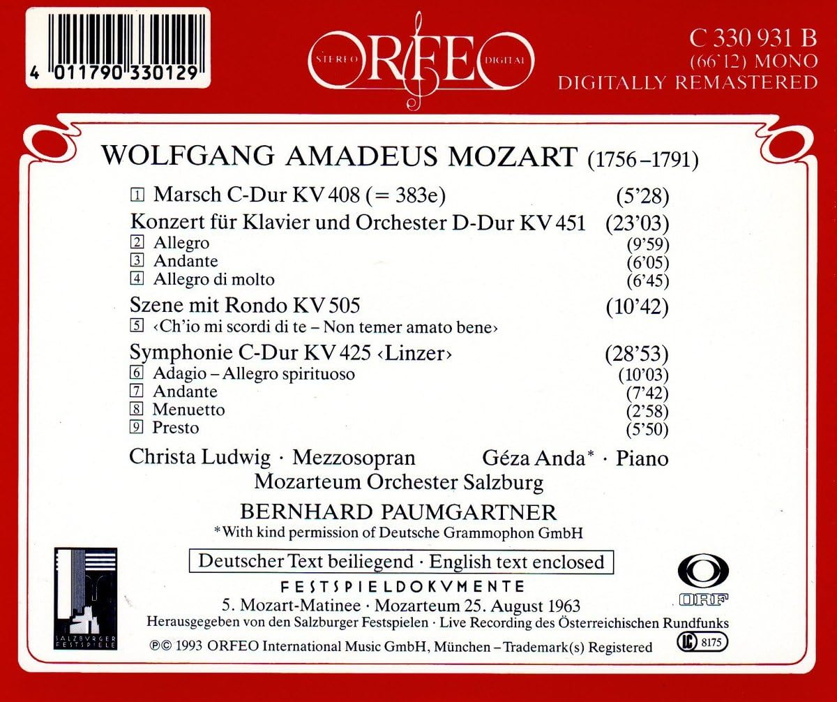 Linz Symphony Kv 425, Piano Concerto Kv451