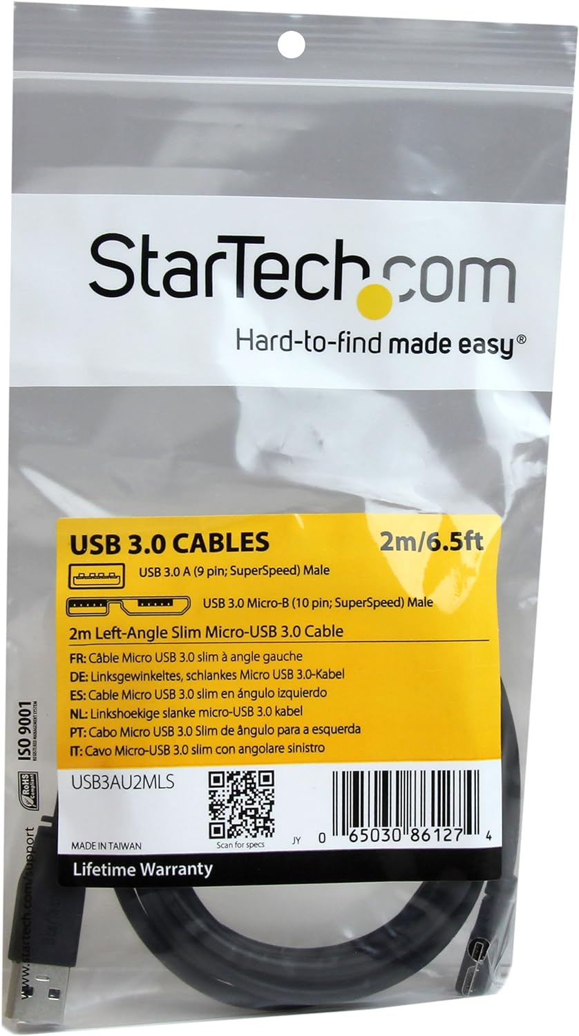 StarTech.com 2m 6 ft Slim Micro USB 3.0 Cable M/M - Left-Angle Micro-USB - USB 3.0 A to Micro B - Angled Micro USB - USB 3.1 Gen 1 (5Gbps) (USB3AU2MLS), Black