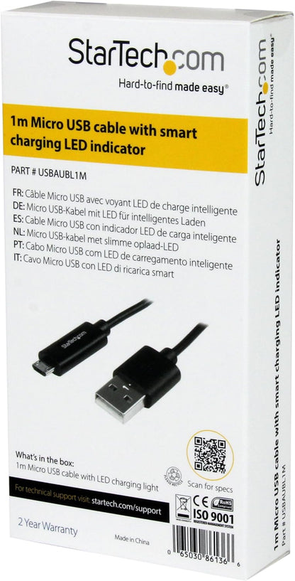 StarTech.com 1m / 3ft USB to Micro USB Cable with LED Charging Light - M/M USB to Micro USB Charging Cable - USB Charger Cable (USBAUBL1M) , Black Black 3 ft/1 m with LED Charging Light