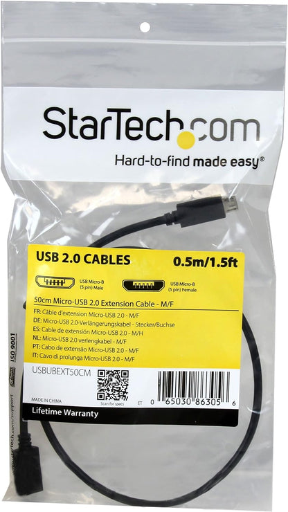 StarTech.com Câble d'extension Micro USB de 50 cm - Rallonge USB Micro B vers Micro B - Prolongateur Micro USB - M/F - Noir (USBUBEXT50CM