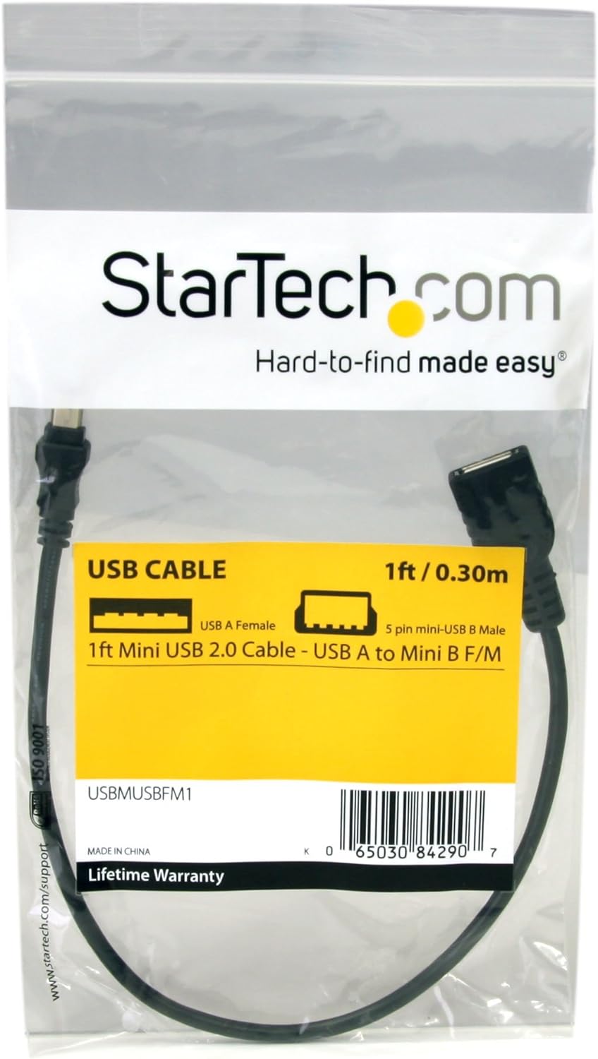 StarTech.com Câble Mini USB 2.0 de 30cm - Cordon USB A vers Mini B - Femelle / Mâle - Noir (USBMUSBFM1