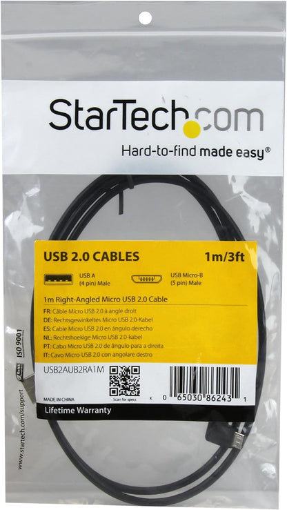 StarTech.com 1m 3 ft Micro-USB Cable with Right-Angled Connectors - M/M - USB A to Micro B Cable - 3ft Right Angle Micro USB Cable (USB2AUB2RA1M), Black