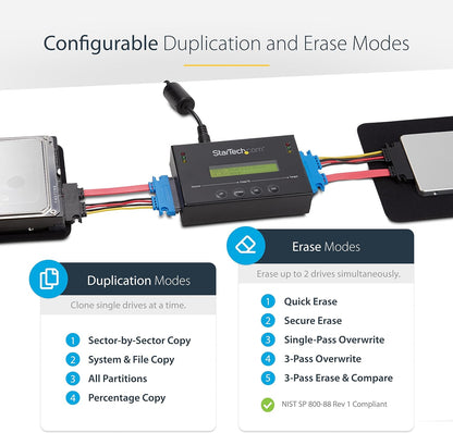 StarTech.com 1:1 Standalone Hard Drive Duplicator & Eraser, SATA HDD/SSD Disk Cloner & Eraser, LCD display, TAA Compliant, OS Independent (SATDUP11) 1:1 Target SATA Drive