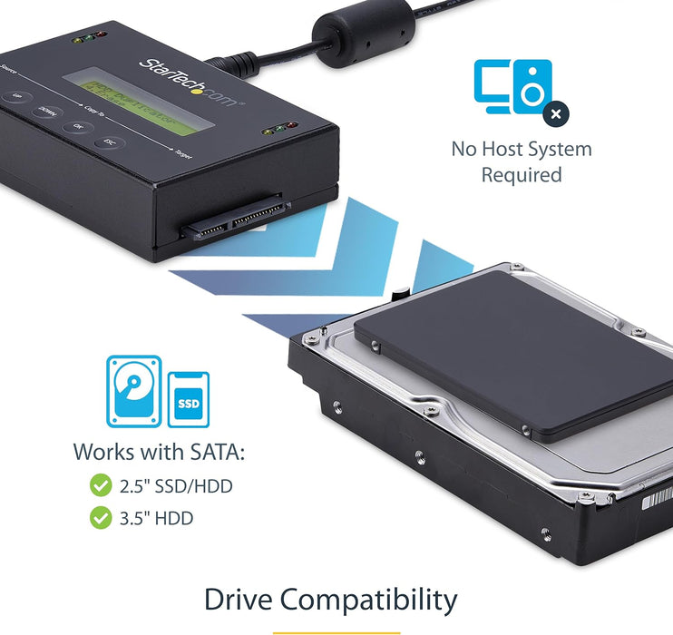 StarTech.com 1:1 Standalone Hard Drive Duplicator & Eraser, SATA HDD/SSD Disk Cloner & Eraser, LCD display, TAA Compliant, OS Independent (SATDUP11) 1:1 Target SATA Drive