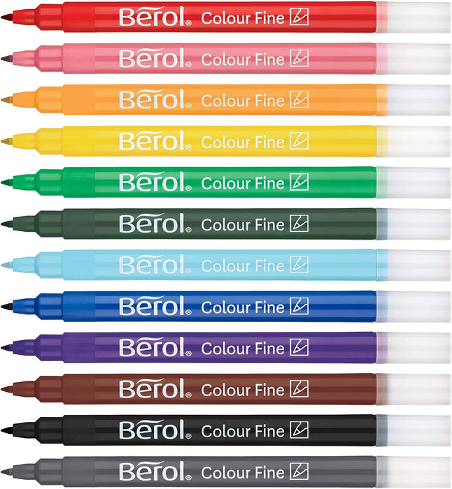 Berol Colour Fine Fibre Tipped Pen with 0.6 mm Line Width - Assorted Colours, Pack of 12 Assorted Colours pkg of 12