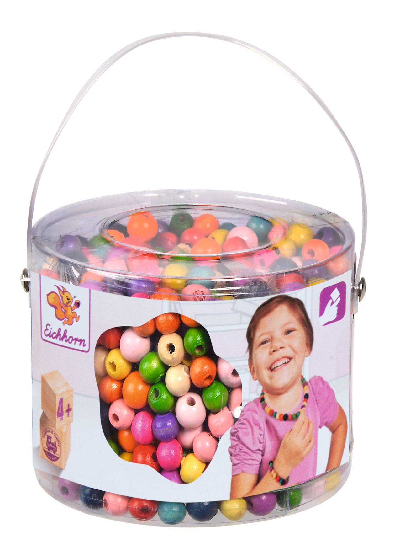Eichhorn 100003442 800 Pieces Wooden Beads Bucket Set Assorted Colours and Shapes with Strings and Clasps, Multicoloured, 10x10x8cm