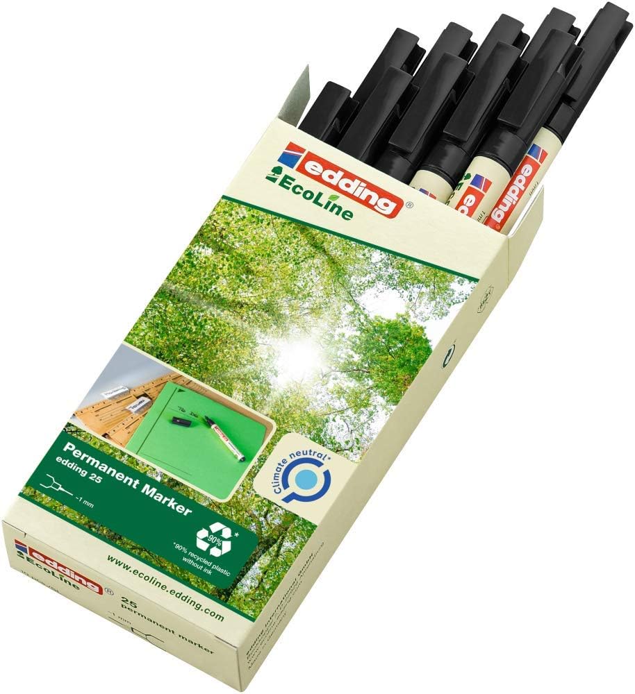 edding 25 Ecoline permanent marker - black - box of 10 - round tip 1 mm - waterproof, quick-drying, smear-proof pens - for cardboard, plastic, glass, wood, metal and fabric - refillable