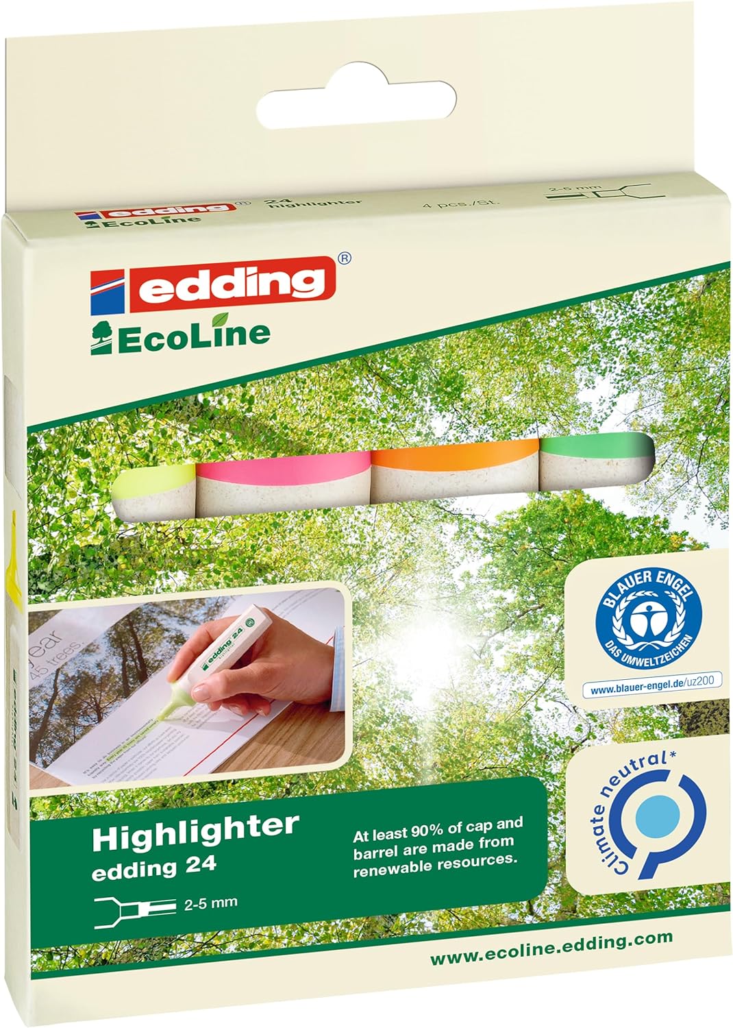 edding 24 EcoLine highlighter - set of 4 - yellow, orange, pink, green - chisel nip 2-5 mm - for quick and easy marking and highlighting of texts and notes - refillable, made of recyclable material