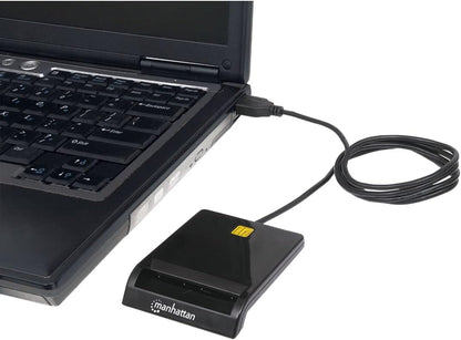 Manhattan USB-A Contact Smart Card Reader, 12 Mbps, Friction type compatible, External, Windows or Mac, Cable 105cm, Black, Blister