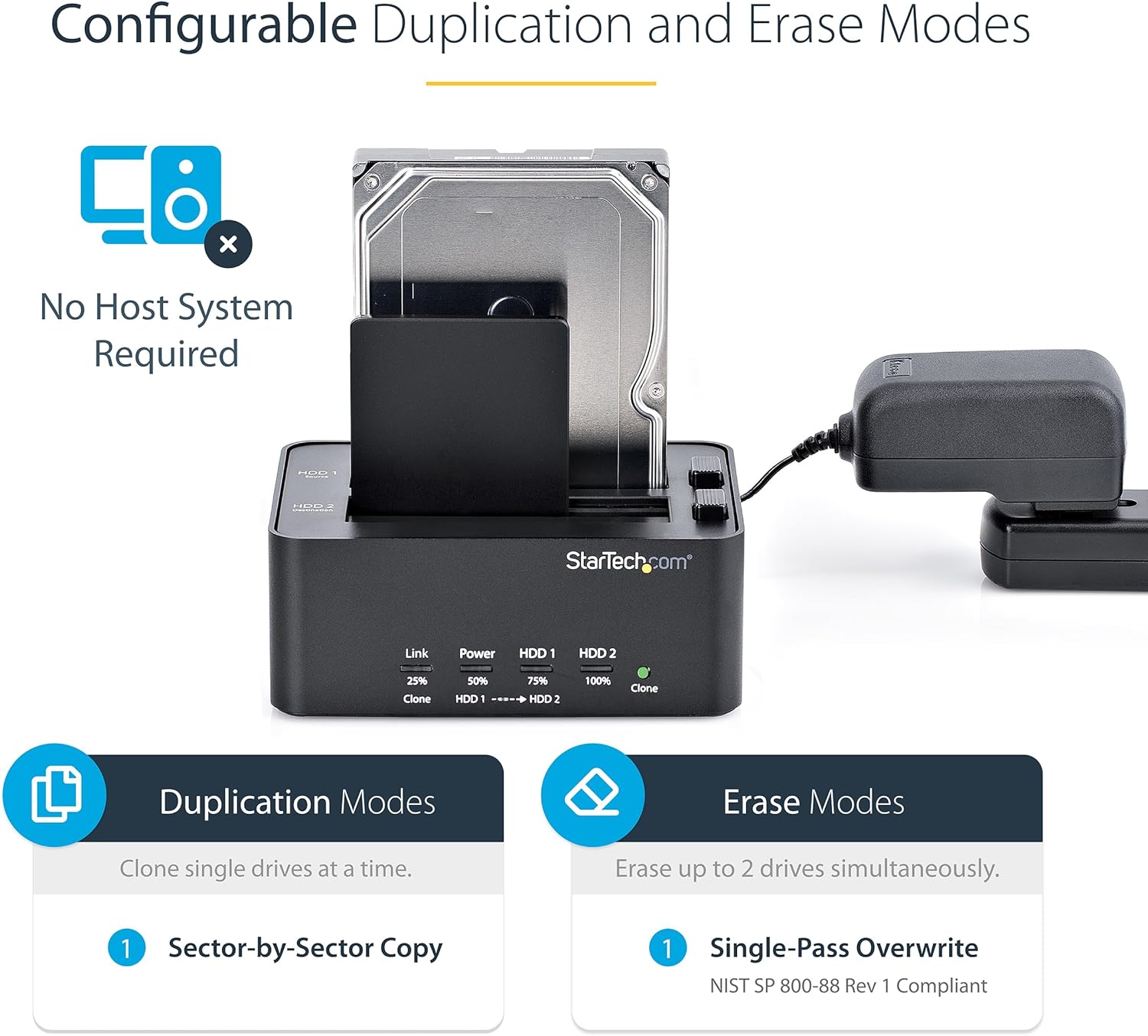 StarTech.com Dual Bay Hard Drive Duplicator and Eraser, Standalone SATA HDD/SSD Cloner/Copier, USB 3.0 to SATA Docking Station, Hard Drive Duplicator and Sanitizer Dock (SATDOCK2REU3) 2 Bay USB 3.0 Single