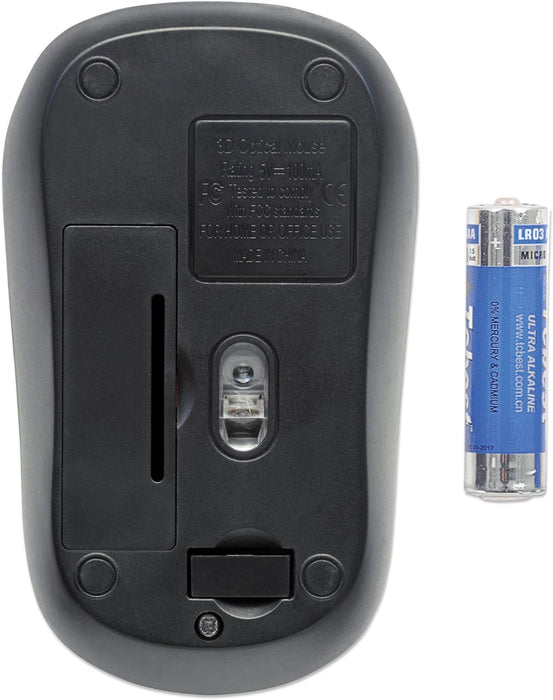 Manhattan Success Wireless Mouse, Black/Blue, 1000dpi, 2.4Ghz (up to 10m), USB, Optical, Three Button with Scroll Wheel, USB micro receiver, AA battery (included), Low friction base, Blister Success Mouse (Wireless) Blue and Black