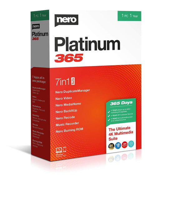 Nero Platinum 365|Standard|1|1 YEAR always up to date - including all upgrades|PC|Disc Box 1 Year