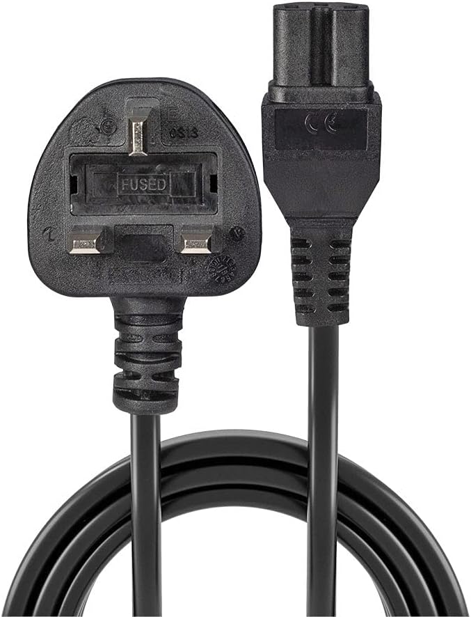 LINDY 30458 2 m Mains UK 3 Pin Plug to Hot Conditioned IEC C15 Power Cable Lead - Black