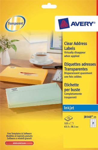 Avery Inkjet Address Label 63.5x38.1mm 16 Per A4 Sheet Clear (Pack 525 Labels) J8560-25