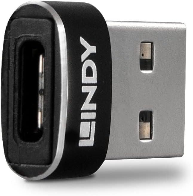 LINDY USB 2.0 Type A Male to Type C Female Adapter, 41884 , Black, Metallic