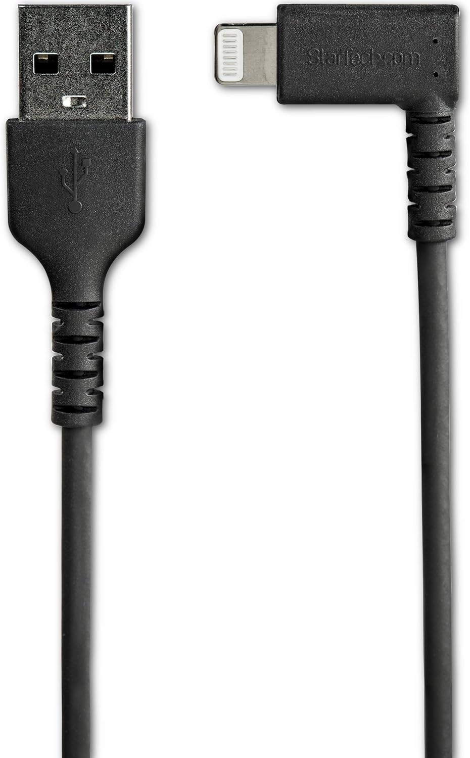 StarTech.com 3ft (1m) Durable USB A to Lightning Cable - Black 90 Right Angled Heavy Duty Rugged Aramid Fiber USB Type A to Lightning Charging/Sync Cord - Apple MFi Certified - iPhone (RUSBLTMM1MBR