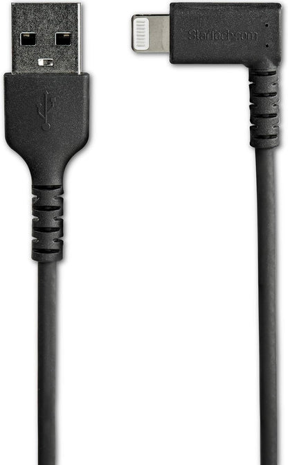 StarTech.com 3ft (1m) Durable USB A to Lightning Cable - Black 90 Right Angled Heavy Duty Rugged Aramid Fiber USB Type A to Lightning Charging/Sync Cord - Apple MFi Certified - iPhone (RUSBLTMM1MBR