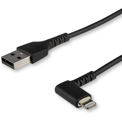 StarTech.com 3ft (1m) Durable USB A to Lightning Cable - Black 90 Right Angled Heavy Duty Rugged Aramid Fiber USB Type A to Lightning Charging/Sync Cord - Apple MFi Certified - iPhone (RUSBLTMM1MBR