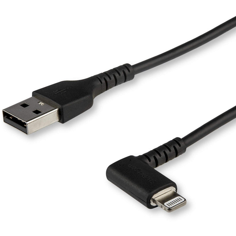 StarTech.com 3ft (1m) Durable USB A to Lightning Cable - Black 90 Right Angled Heavy Duty Rugged Aramid Fiber USB Type A to Lightning Charging/Sync Cord - Apple MFi Certified - iPhone (RUSBLTMM1MBR