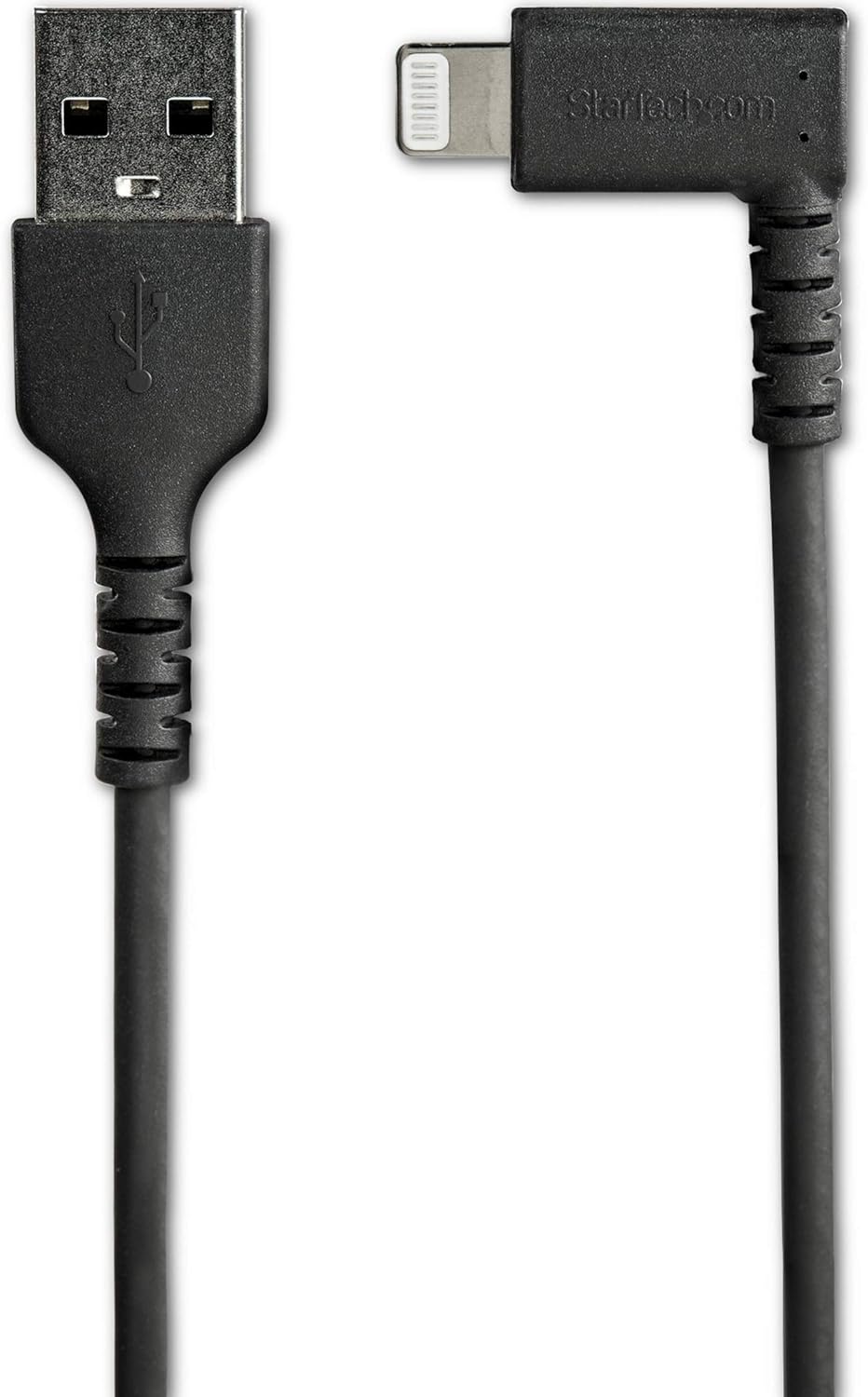 StarTech.com 3ft (1m) Durable USB A to Lightning Cable - Black 90 Right Angled Heavy Duty Rugged Aramid Fiber USB Type A to Lightning Charging/Sync Cord - Apple MFi Certified - iPhone (RUSBLTMM1MBR