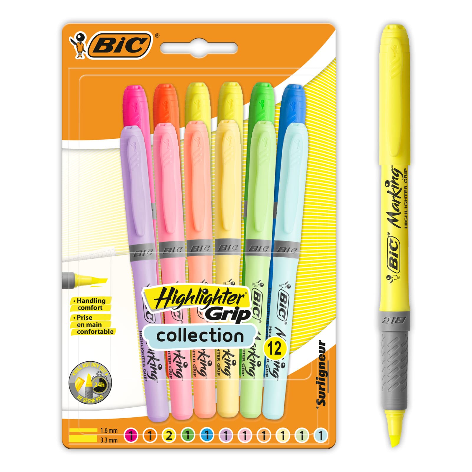 BIC Highlighter Grip, Ribbed Rubber Grip for Extra Comfort, Water-Based Ink, Assorted Intense and Pastel Colours