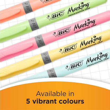 BIC Highlighter Grip, Ribbed Rubber Grip for Extra Comfort, Water-Based Ink, Assorted Intense and Pastel Colours