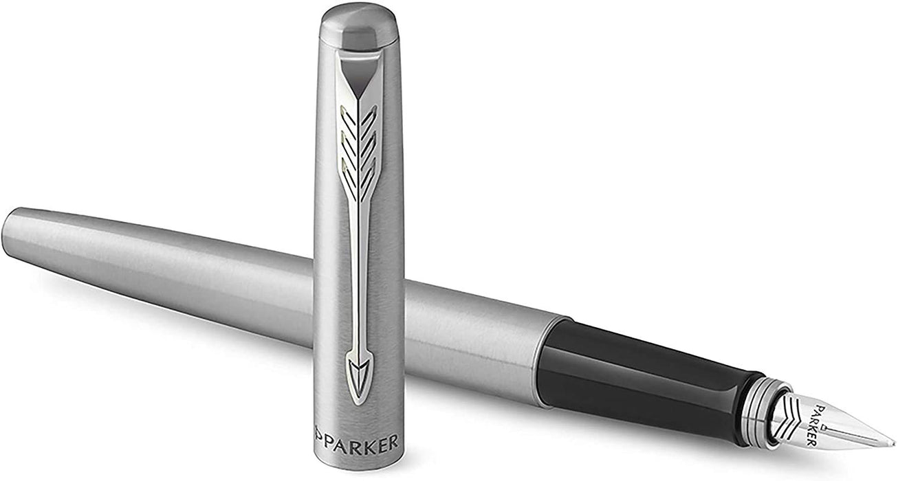 Parker Jotter Fountain Pen | Stainless Steel with Chrome Trim | Medium Nib Blue Ink | Gift Box