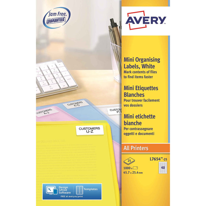 Avery Self Adhesive Mini Organising Return Address Labels, Laser Printers, 40 Labels Per A4 Sheet, 1000 labels, QuickPEEL (L7654), white