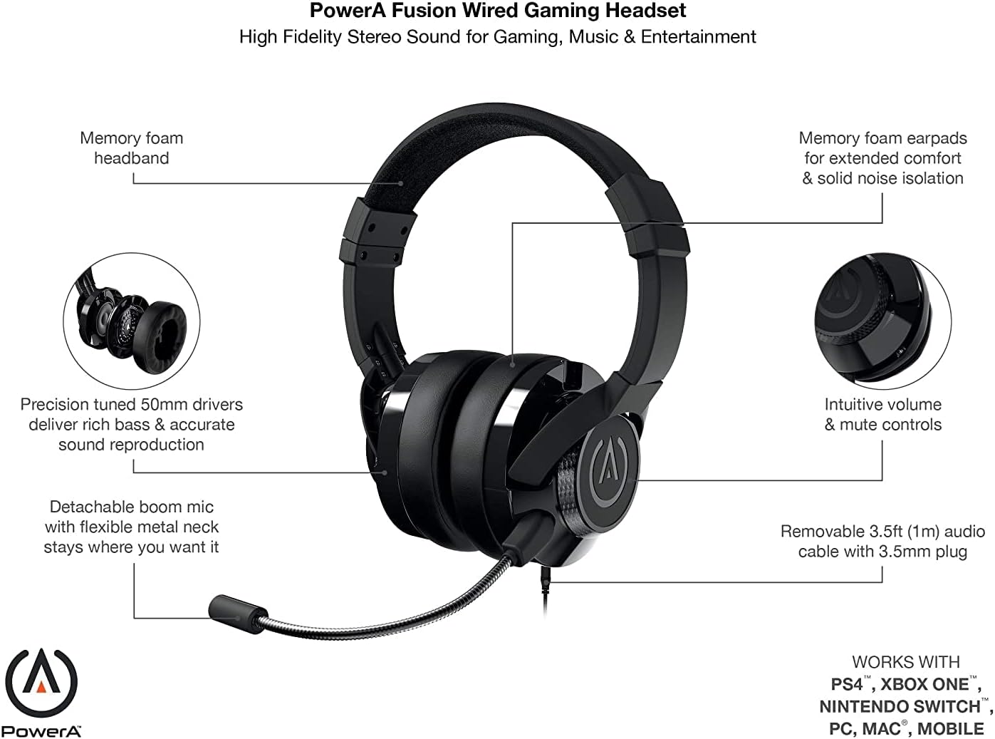 PowerA FUSION Wired Gaming Headset with Mic - Headphones with On-Ear Controls for PC, Xbox, PS4, and Mobile Devices - Black Black Headset